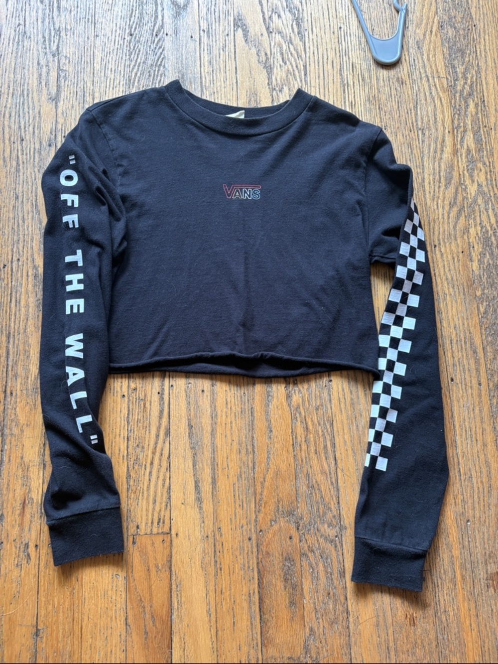 Vans Black Cropped Long Sleeve Tee with Checkerboard Sleeve and Sleeve Script
